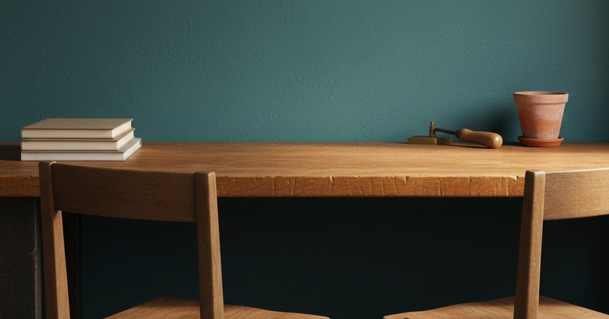 A stack of closed blank workbooks set aside on a worn oak workbench, the benchtop clear and lit, two wooden chairs angled toward each other