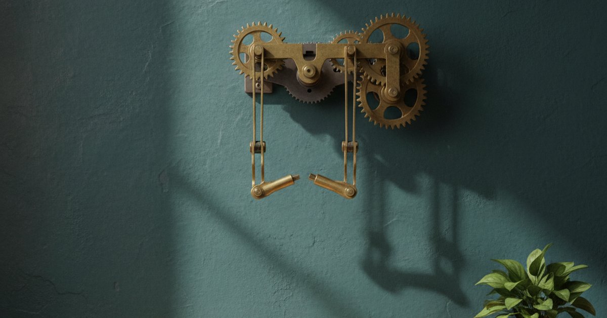 Brass gear assembly on a teal wall with one linkage disconnected, above a workbench holding a row of identical wrapped replacement parts