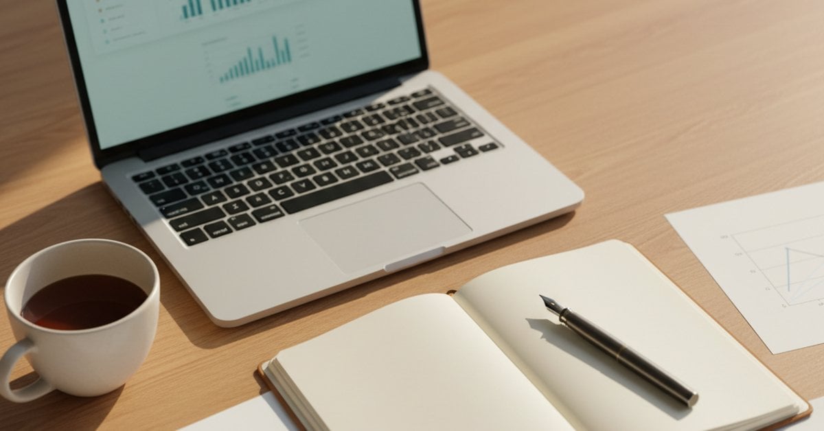 Modern wooden desk with laptop showing soft analytics dashboard, open notebook, ceramic coffee cup, and printed charts at the edges.