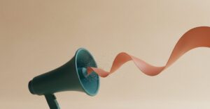Teal megaphone projecting a smooth terra cotta soundwave out of scattered static, a visual metaphor for SEO amplifying a clear signal