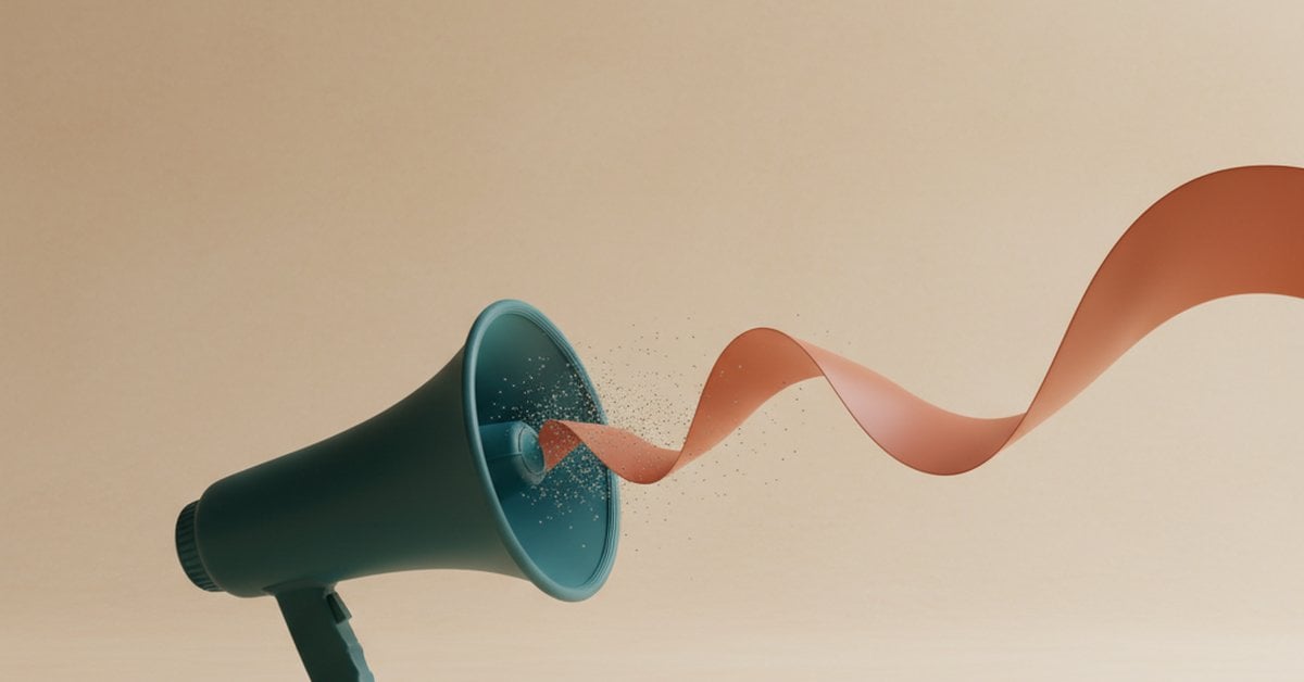 Teal megaphone projecting a smooth terra cotta soundwave out of scattered static, a visual metaphor for SEO amplifying a clear signal
