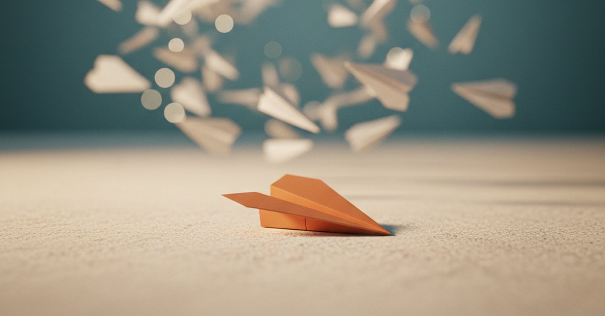 A single focused paper airplane aimed cleanly while many others scatter in the blur behind it