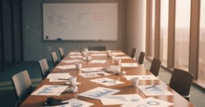 Empty conference room at golden hour with scattered reports and unattended whiteboard