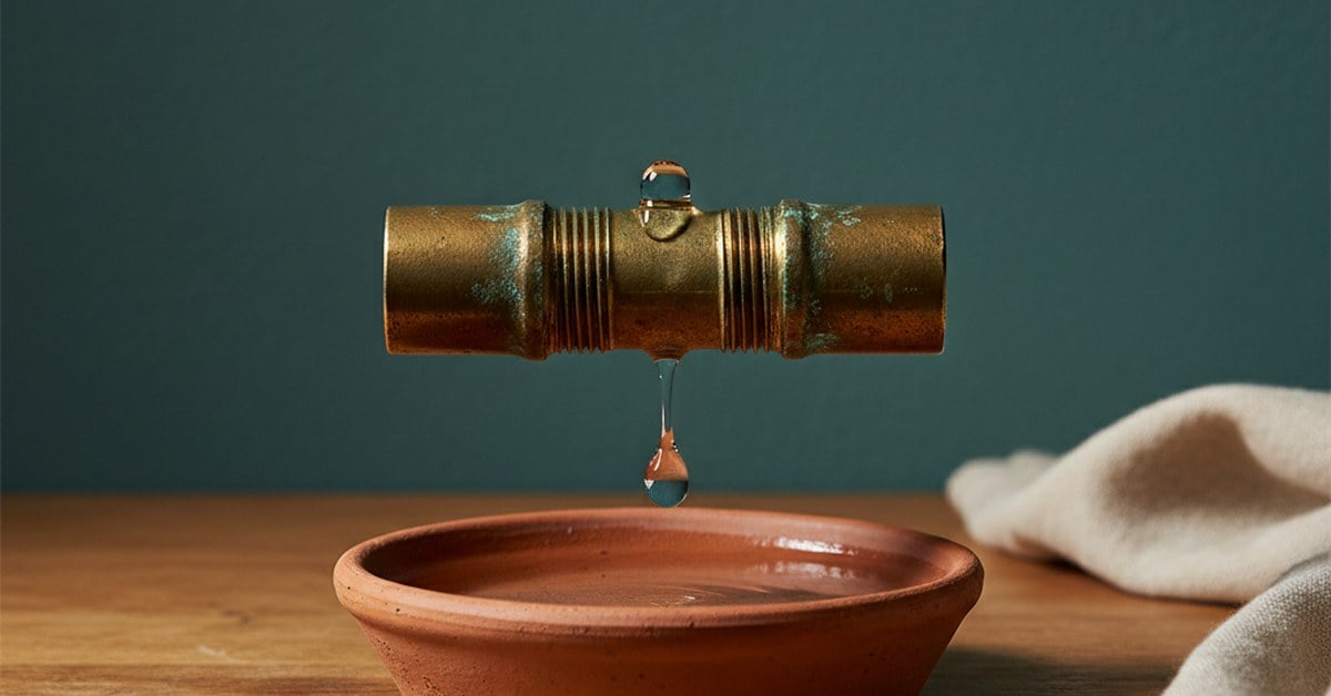 A short length of aged brass pipe with a threaded joint dripping water into a shallow terra cotta dish on an oak workbench against a deep teal wall