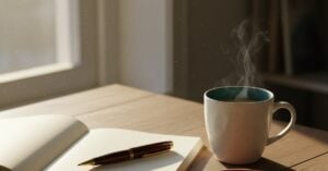Warm sunlit desk with an open notebook, pen, and coffee — setting a small business marketing budget.