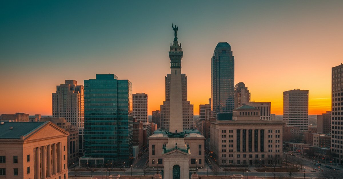 Indianapolis skyline at golden hour with Monument Circle visible