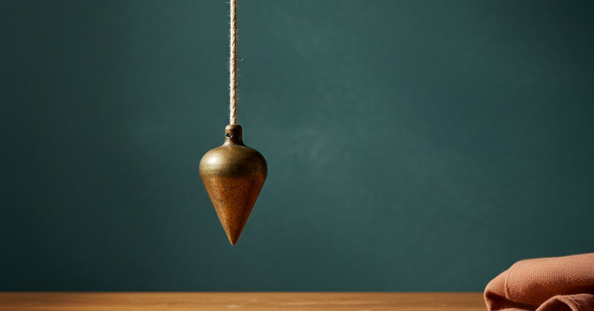 An aged brass plumb bob hanging on a natural cotton line above a warm oak workbench against a deep teal plaster wall