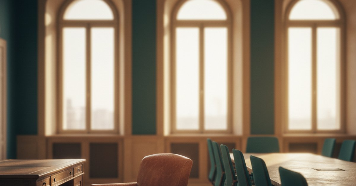 Single leather desk chair facing a long conference table with many empty chairs