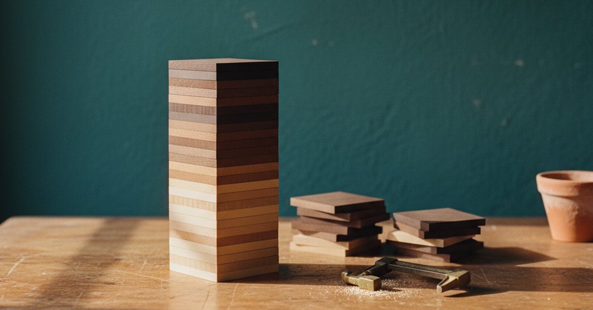 A tall stack of stained wood layers built up on a workbench beside two short abandoned stacks
