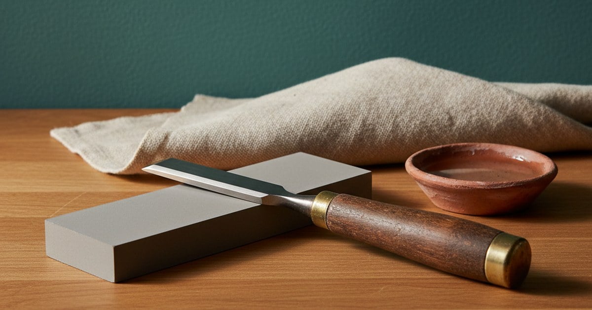 A grey sharpening whetstone and a brass-ferruled wood chisel resting on a warm oak workbench against a deep teal plaster wall