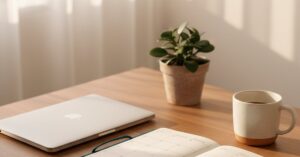 A quiet desk with a closed laptop, blank weekly planner, coffee, and a small plant — deciding what social is for before staffing it.