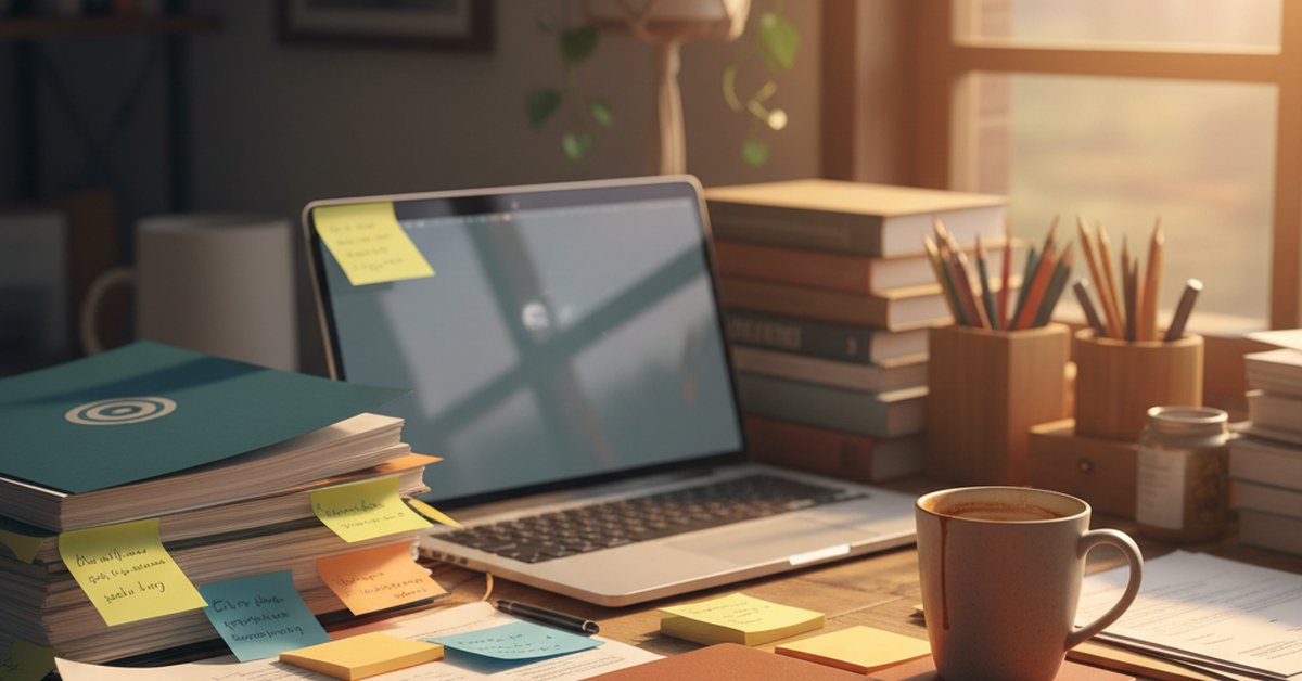 Cluttered business desk with laptop, reports, sticky notes, and phone showing organized chaos