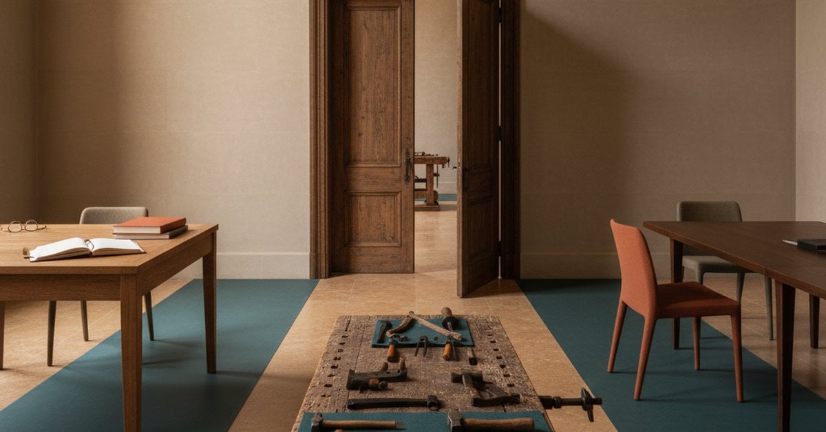 An open door leading to three different work setups: an advisor's desk, a workbench of tools, and a meeting table
