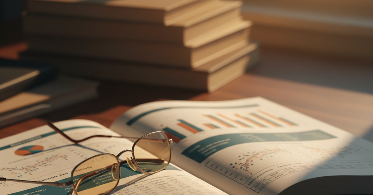 Open academic journal with data charts on a mahogany desk under warm lamp light