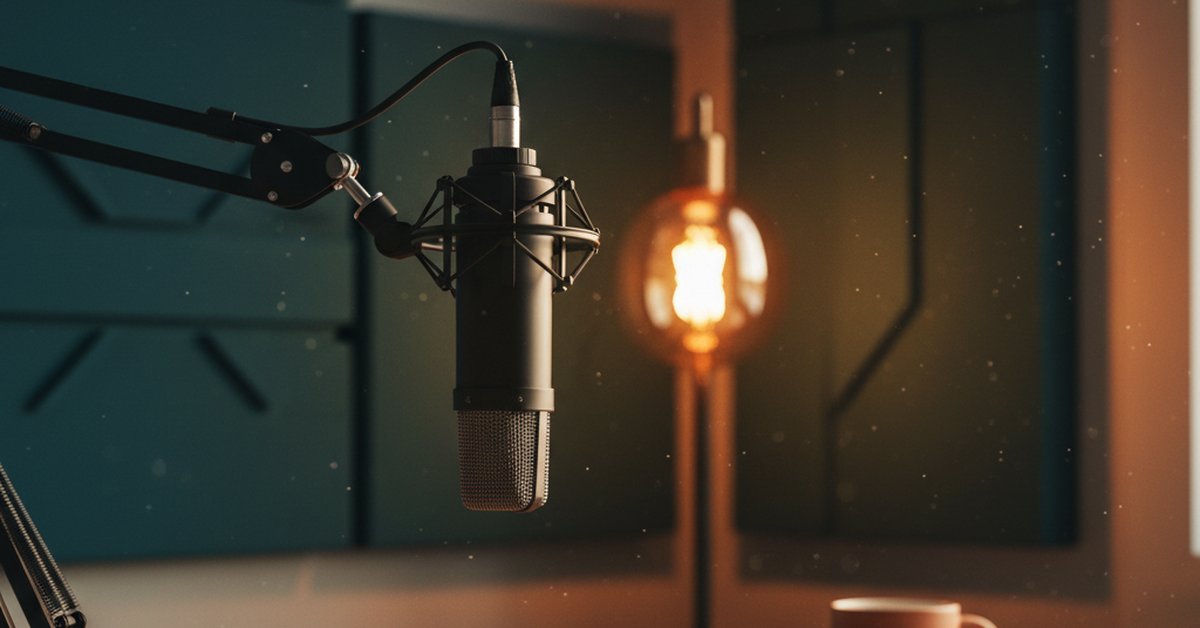 Professional podcast microphone and headphones in a warm studio setting