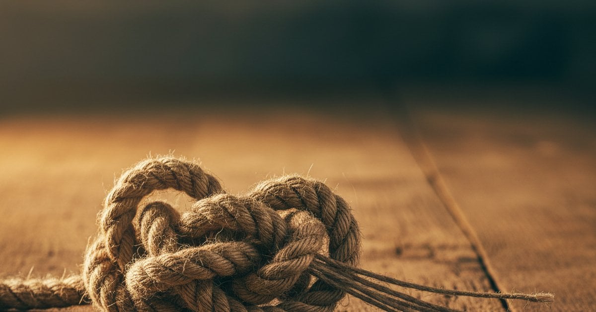 Complex rope knot beginning to untangle into clean strands on a wooden workbench