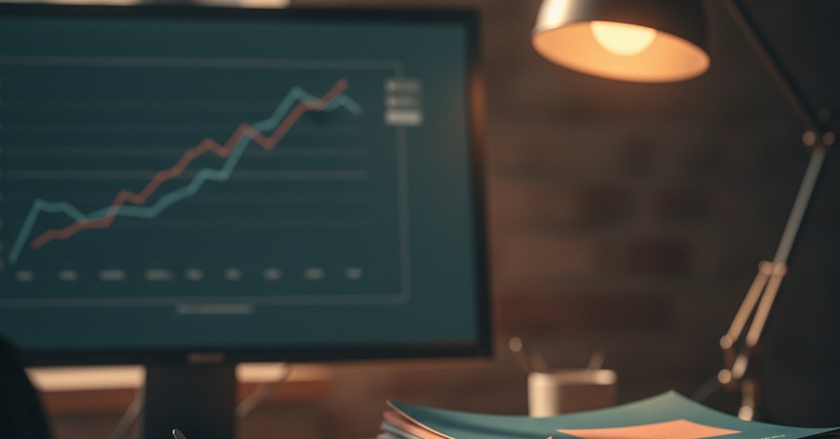 Computer monitor with flat-line analytics graphs and stacked marketing reports on a dim office desk